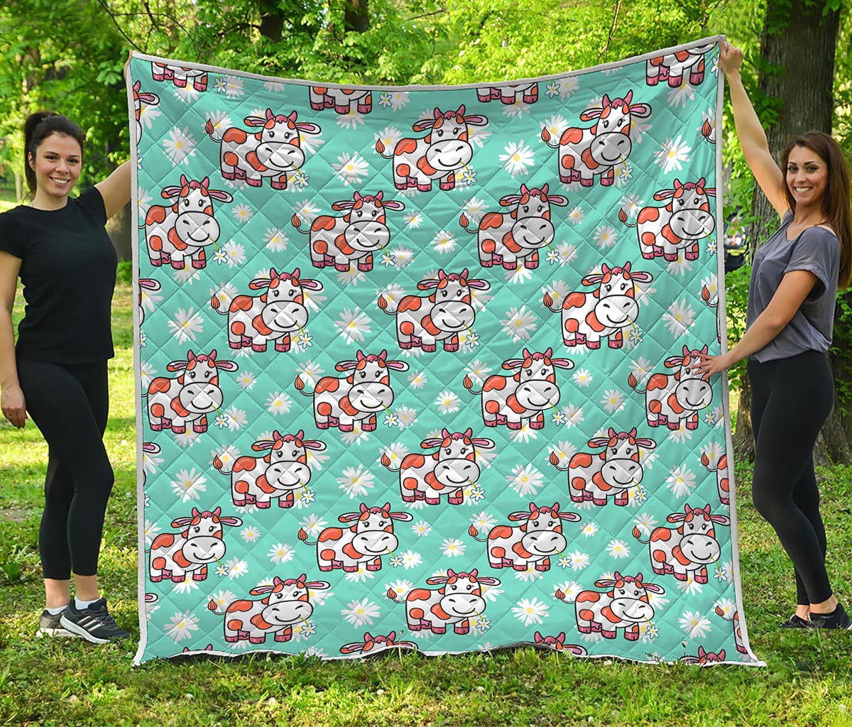 Cartoon Cow And Daisy Flower Print Quilt