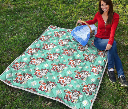 Cartoon Cow And Daisy Flower Print Quilt