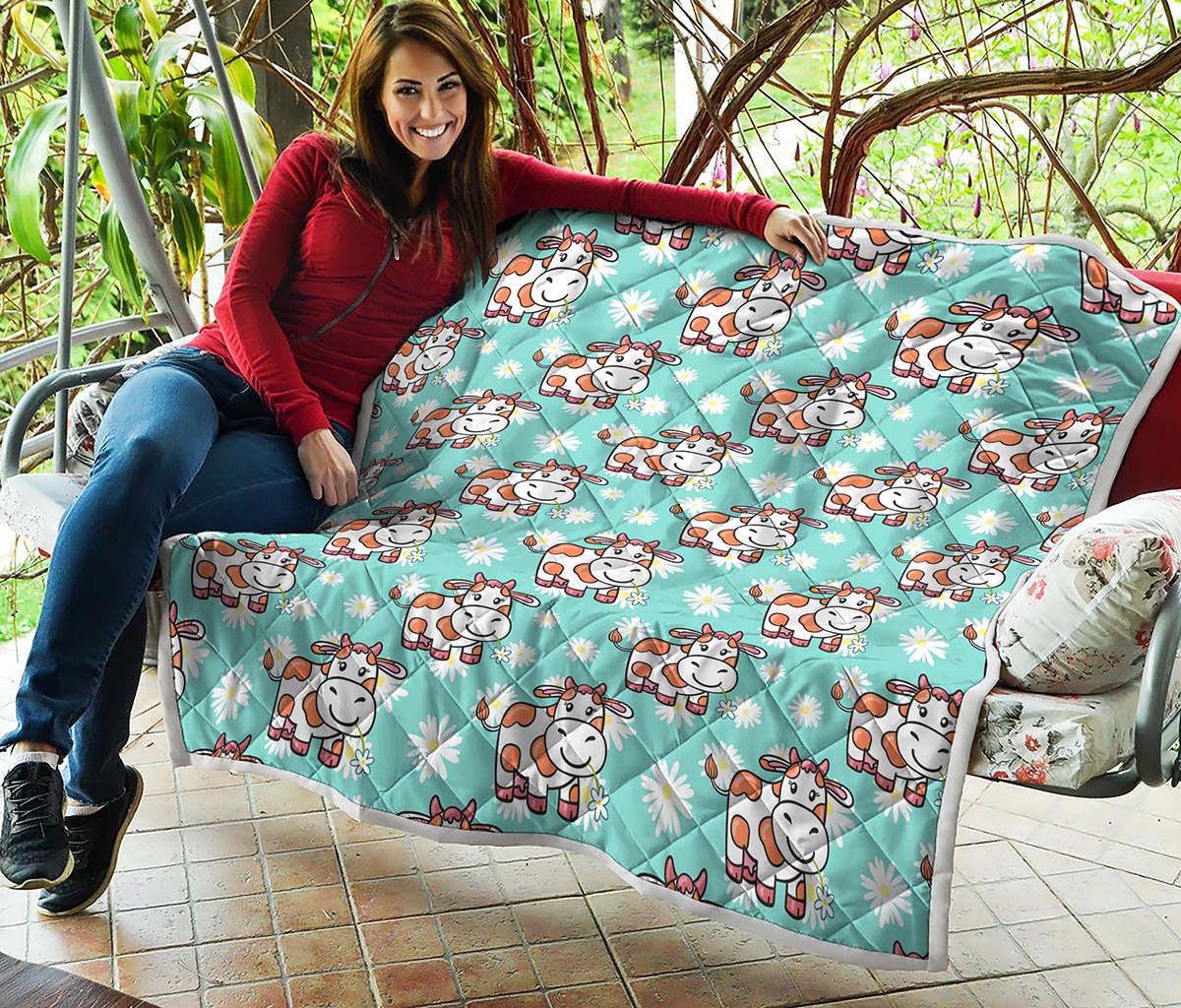 Cartoon Cow And Daisy Flower Print Quilt