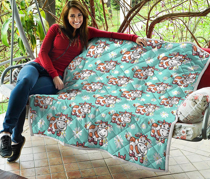 Cartoon Cow And Daisy Flower Print Quilt