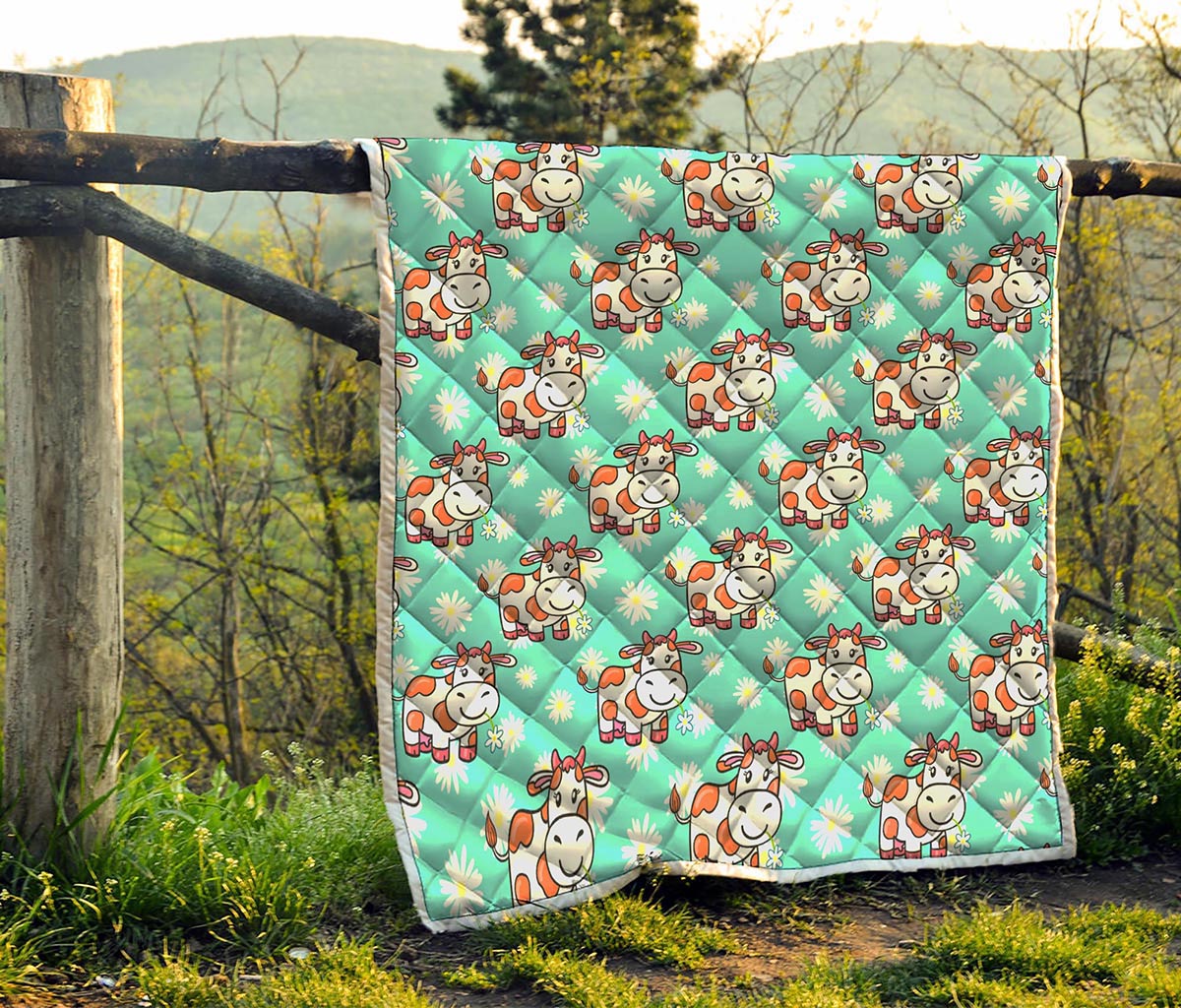 Cartoon Cow And Daisy Flower Print Quilt