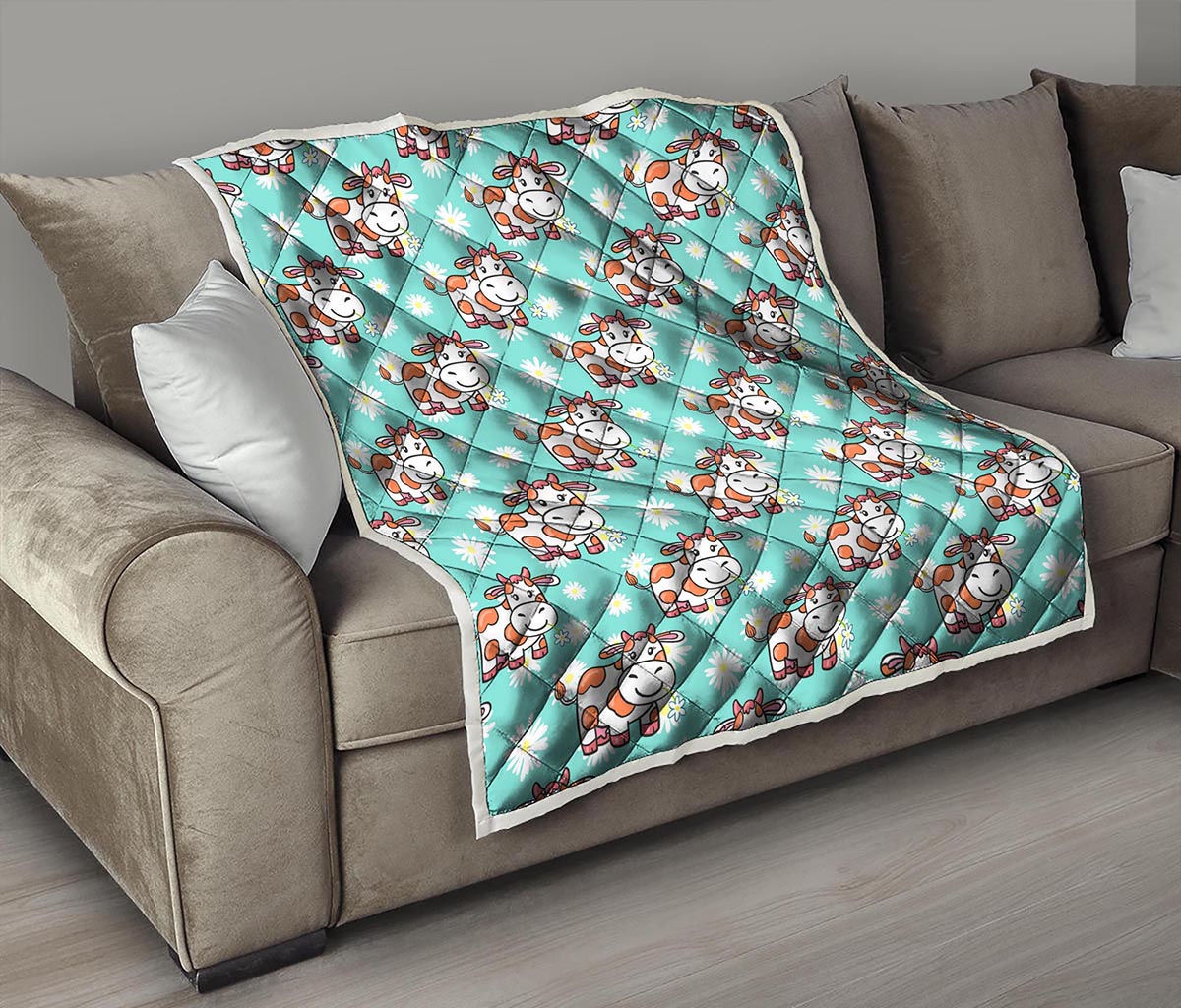 Cartoon Cow And Daisy Flower Print Quilt