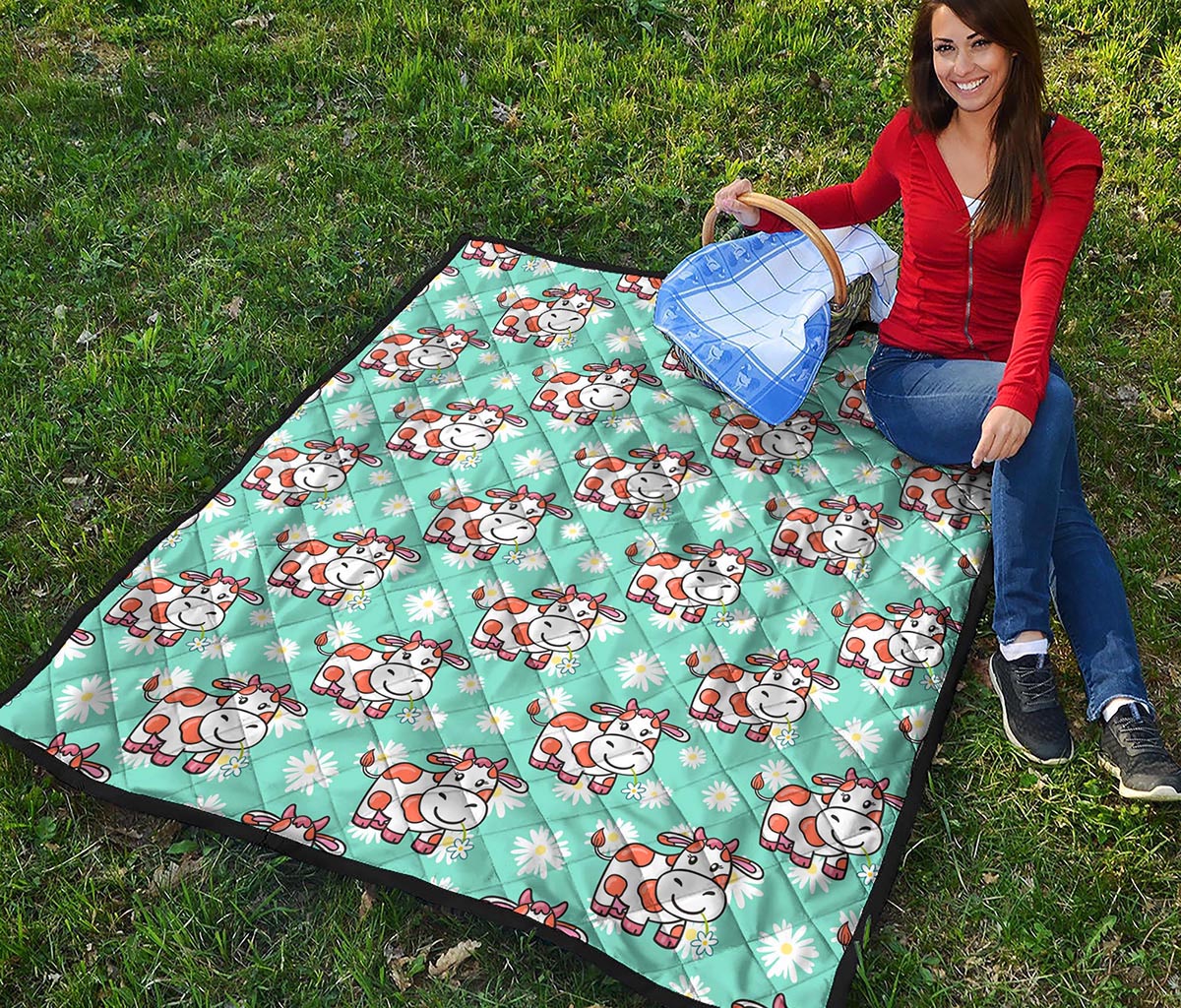 Cartoon Cow And Daisy Flower Print Quilt