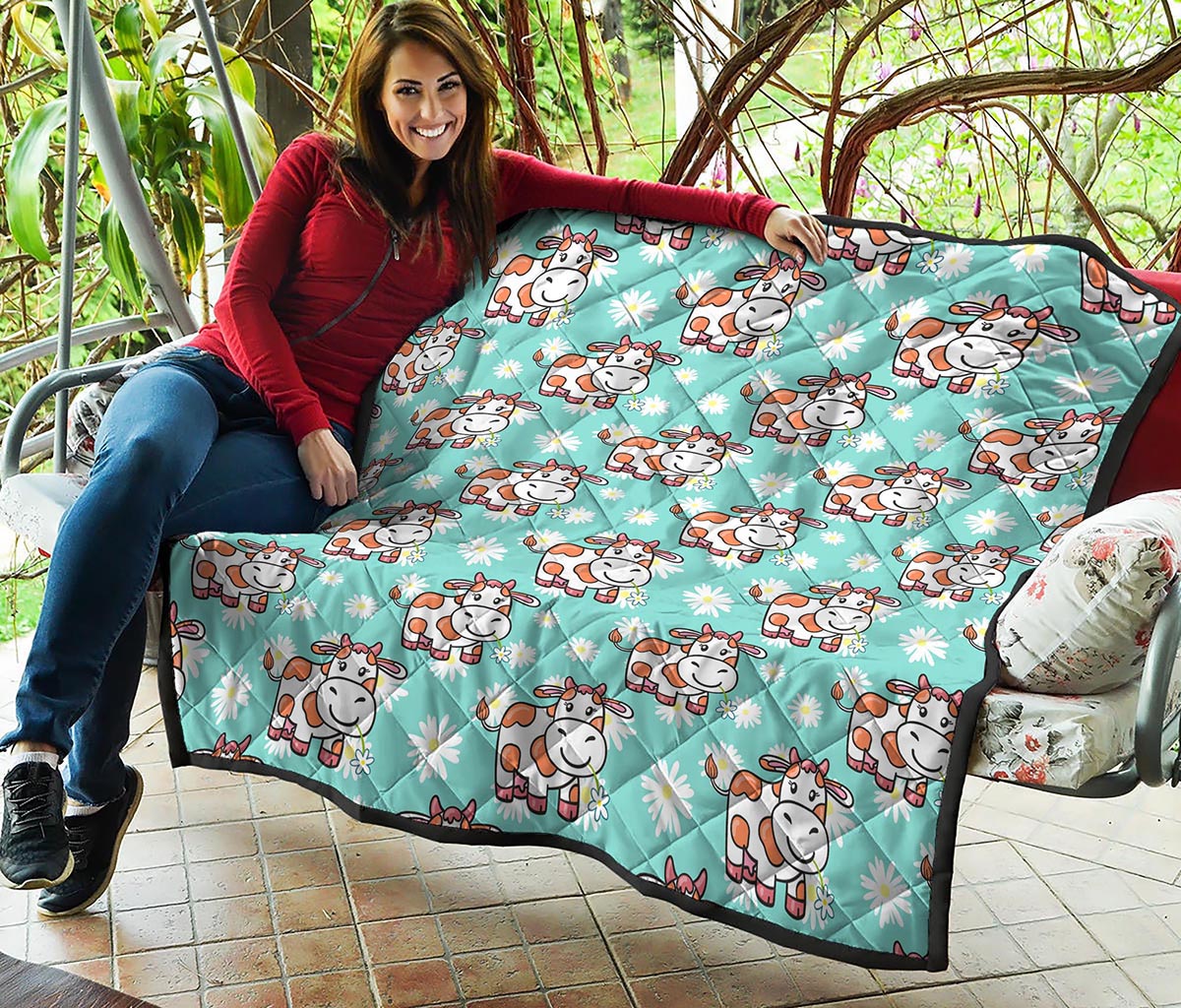 Cartoon Cow And Daisy Flower Print Quilt