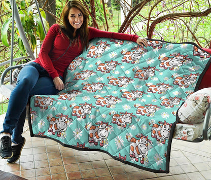 Cartoon Cow And Daisy Flower Print Quilt