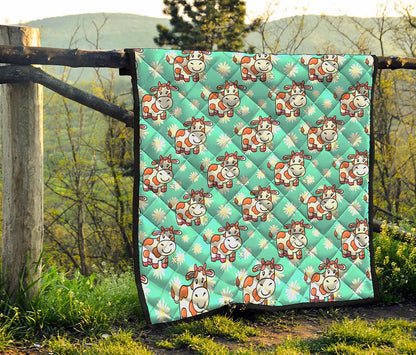 Cartoon Cow And Daisy Flower Print Quilt