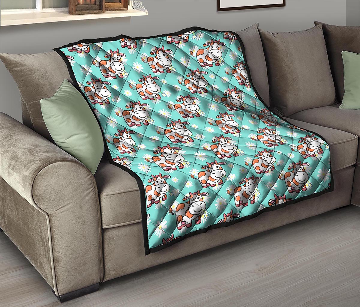 Cartoon Cow And Daisy Flower Print Quilt