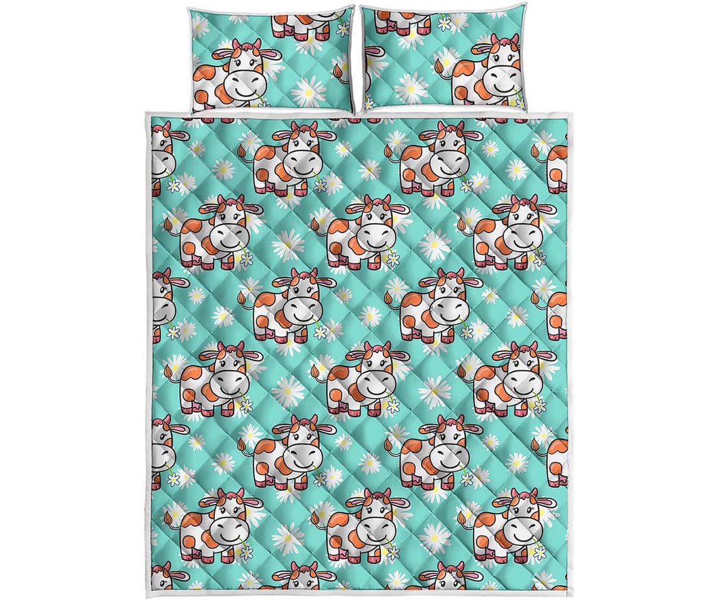 Cartoon Cow And Daisy Flower Print Quilt Bed Set