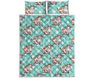 Cartoon Cow And Daisy Flower Print Quilt Bed Set