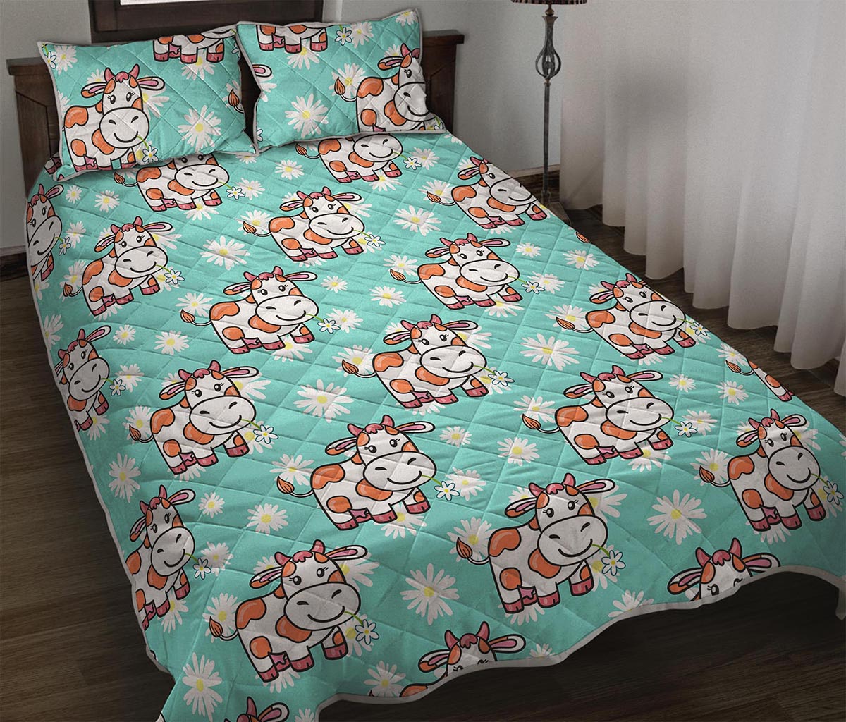 Cartoon Cow And Daisy Flower Print Quilt Bed Set