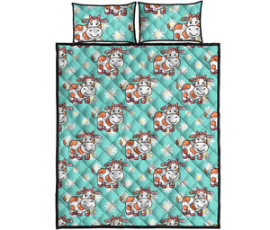 Cartoon Cow And Daisy Flower Print Quilt Bed Set