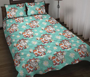 Cartoon Cow And Daisy Flower Print Quilt Bed Set