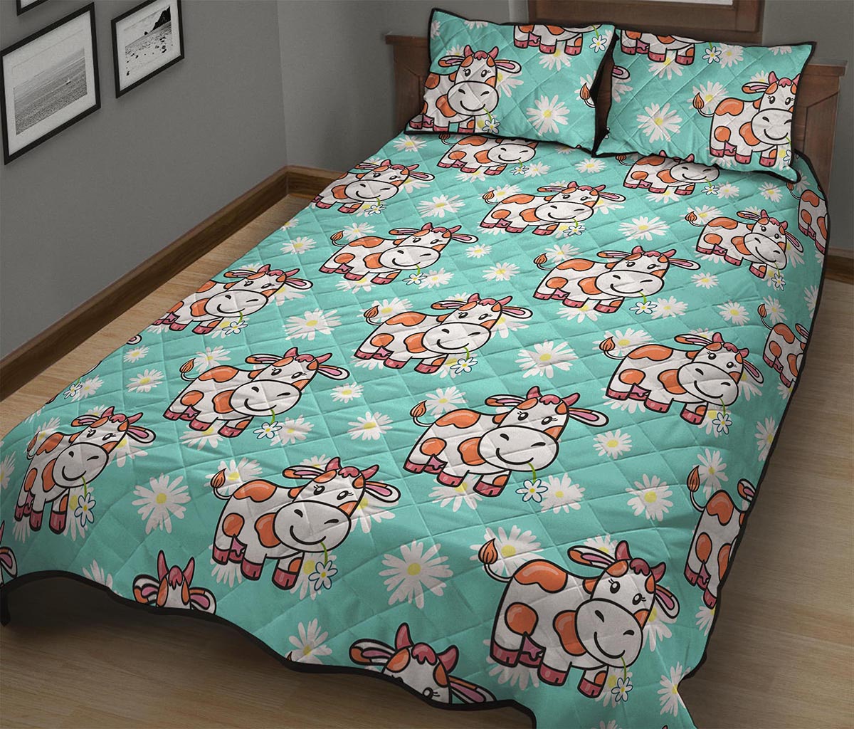 Cartoon Cow And Daisy Flower Print Quilt Bed Set