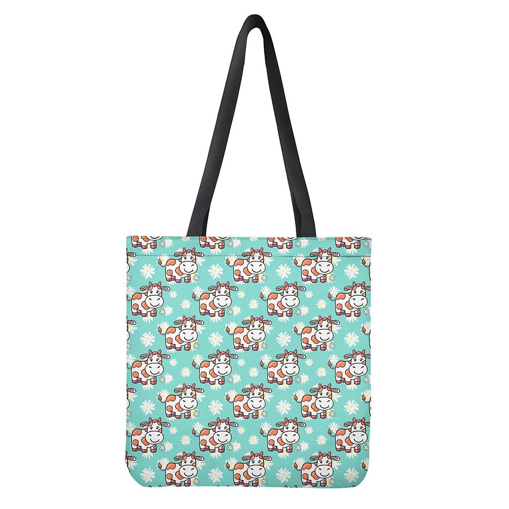 Cartoon Cow And Daisy Flower Print Tote Bag
