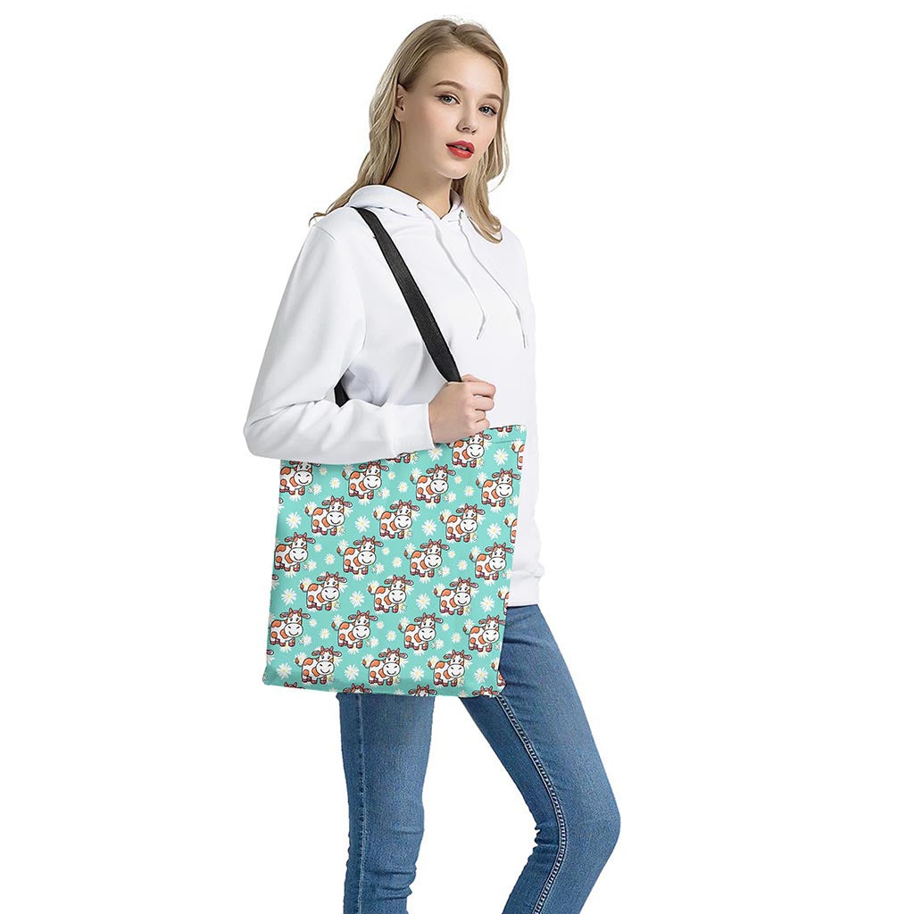 Cartoon Cow And Daisy Flower Print Tote Bag