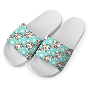 Cartoon Cow And Daisy Flower Print White Slide Sandals