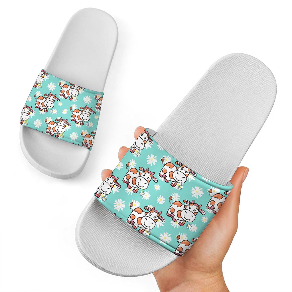 Cartoon Cow And Daisy Flower Print White Slide Sandals