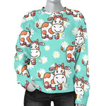 Cartoon Cow And Daisy Flower Print Women's Crewneck Sweatshirt GearFrost