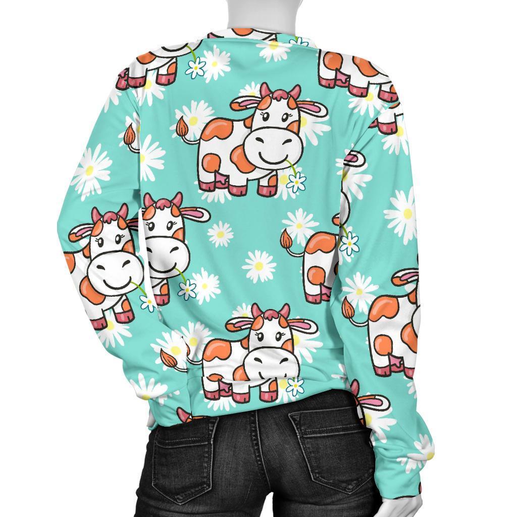Cartoon Cow And Daisy Flower Print Women's Crewneck Sweatshirt GearFrost