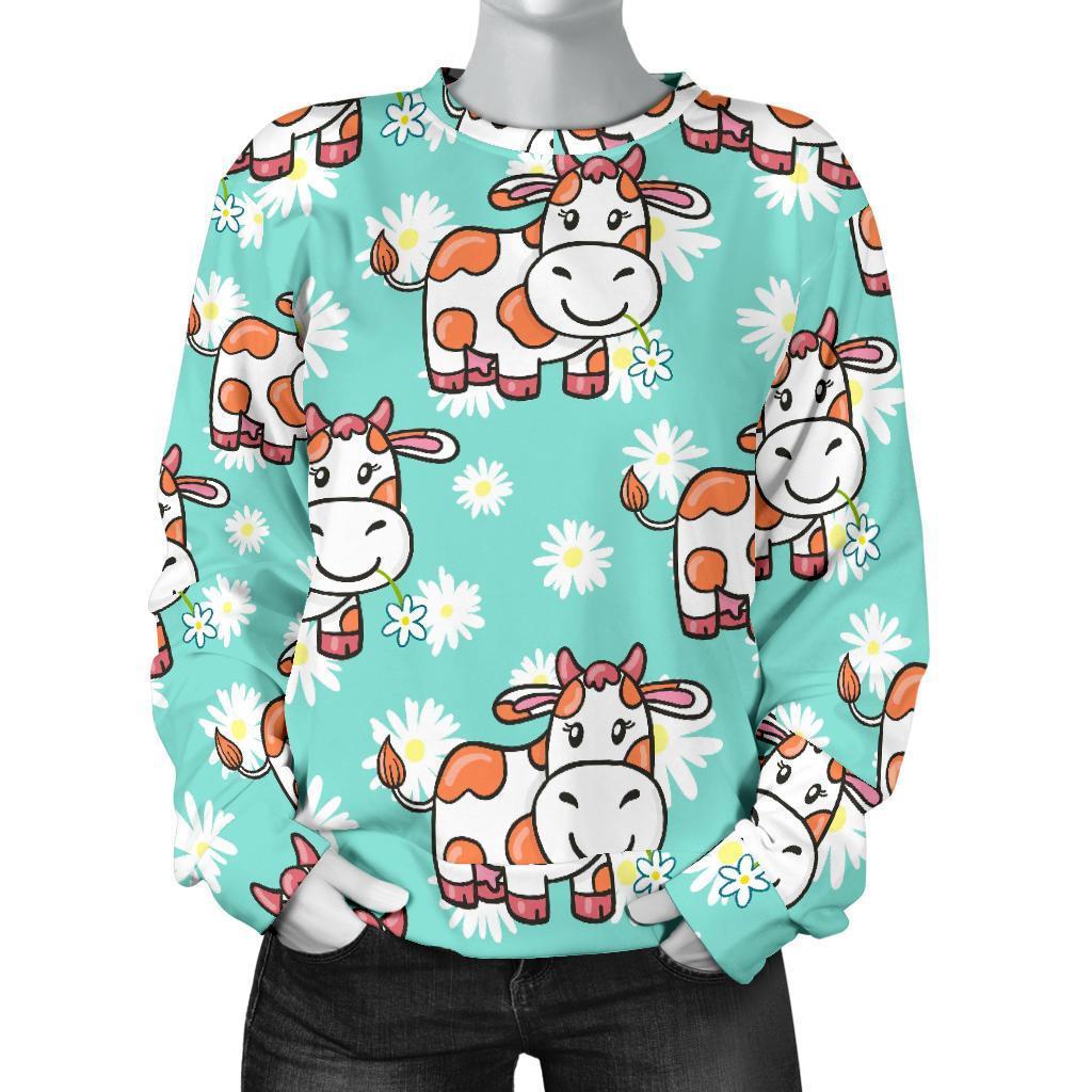 Cartoon Cow And Daisy Flower Print Women's Crewneck Sweatshirt GearFrost