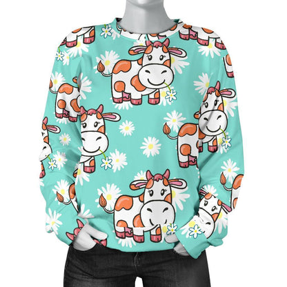 Cartoon Cow And Daisy Flower Print Women's Crewneck Sweatshirt GearFrost