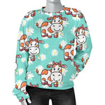Cartoon Cow And Daisy Flower Print Women's Crewneck Sweatshirt GearFrost