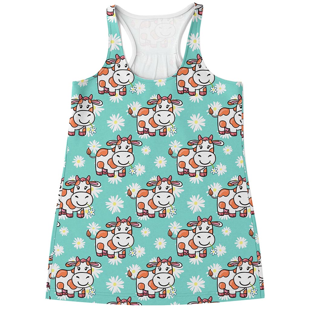 Cartoon Cow And Daisy Flower Print Women's Racerback Tank Top