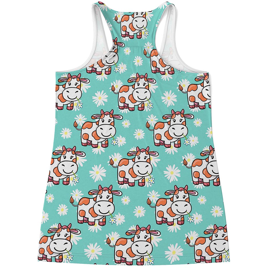 Cartoon Cow And Daisy Flower Print Women's Racerback Tank Top
