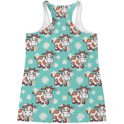 Cartoon Cow And Daisy Flower Print Women's Racerback Tank Top