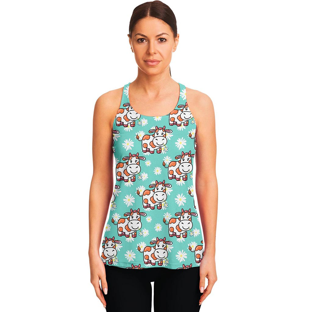 Cartoon Cow And Daisy Flower Print Women's Racerback Tank Top