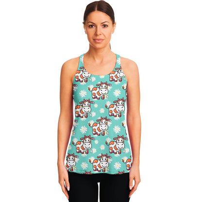 Cartoon Cow And Daisy Flower Print Women's Racerback Tank Top