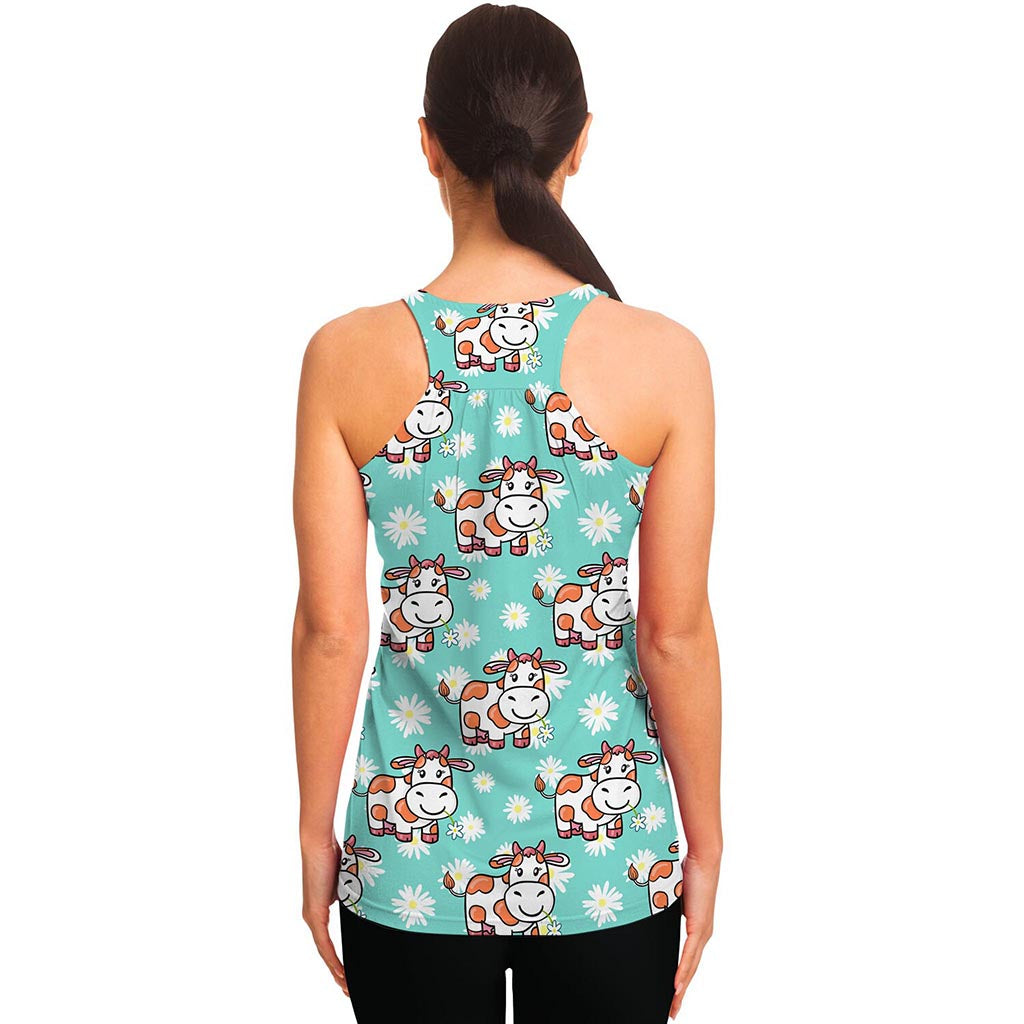 Cartoon Cow And Daisy Flower Print Women's Racerback Tank Top