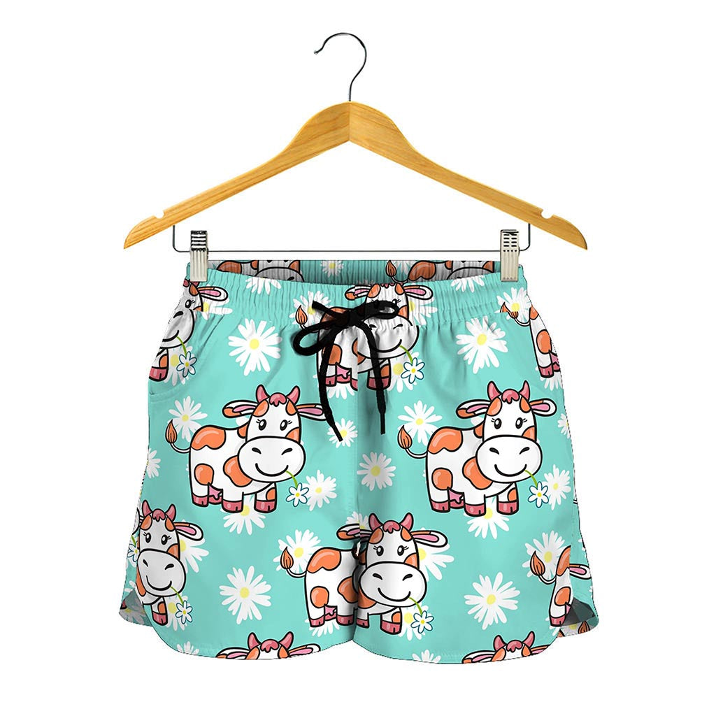 Cartoon Cow And Daisy Flower Print Women's Shorts