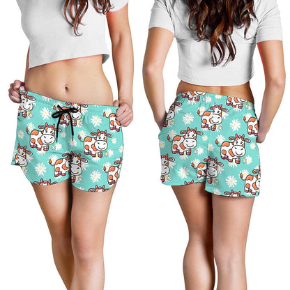 Cartoon Cow And Daisy Flower Print Women's Shorts