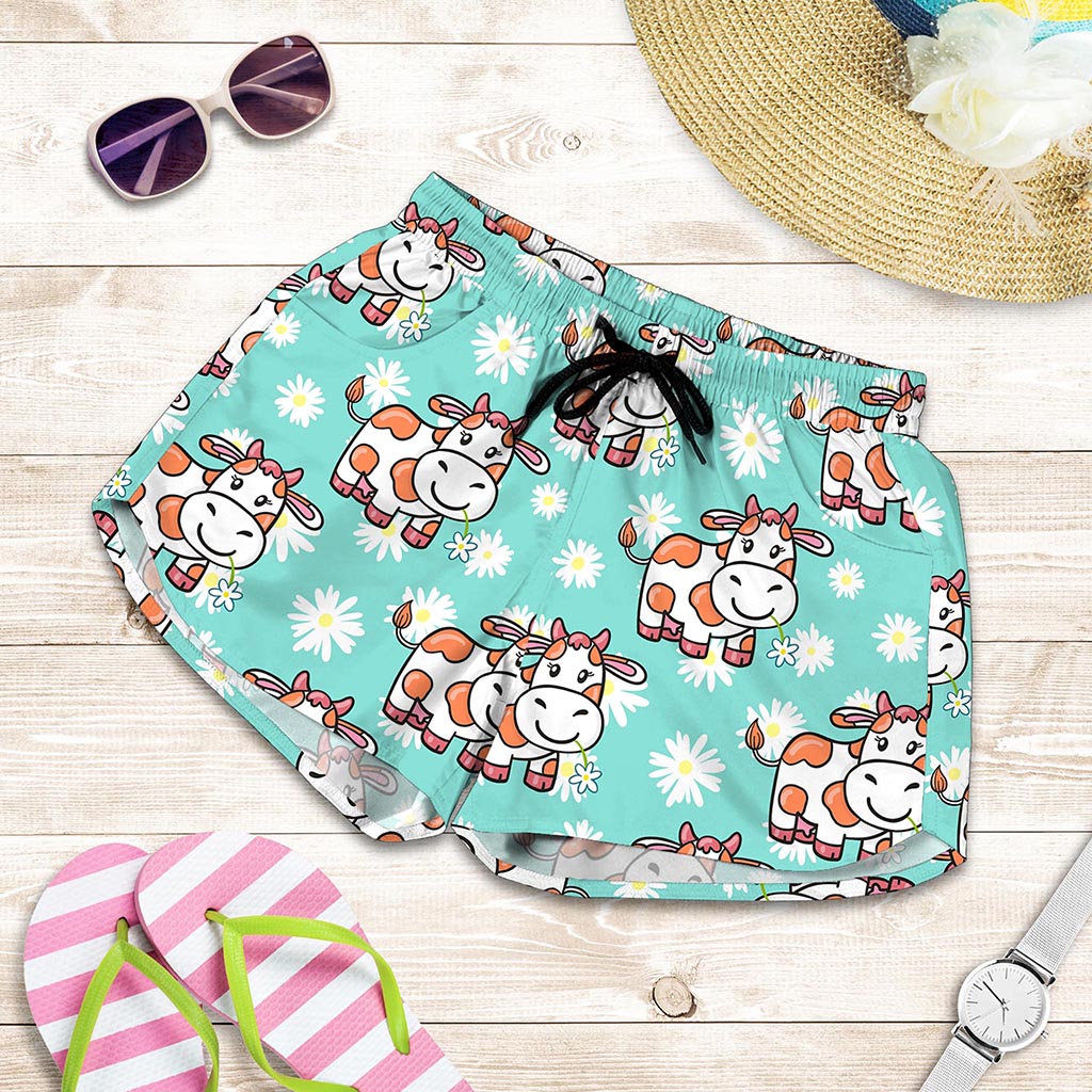 Cartoon Cow And Daisy Flower Print Women's Shorts