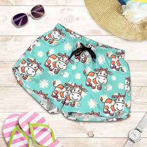 Cartoon Cow And Daisy Flower Print Women's Shorts