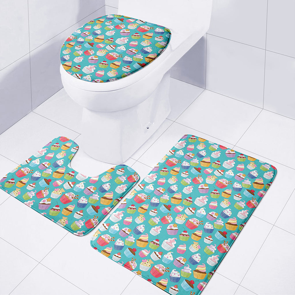 Cartoon Cupcake Pattern Print 3 Piece Bath Mat Set