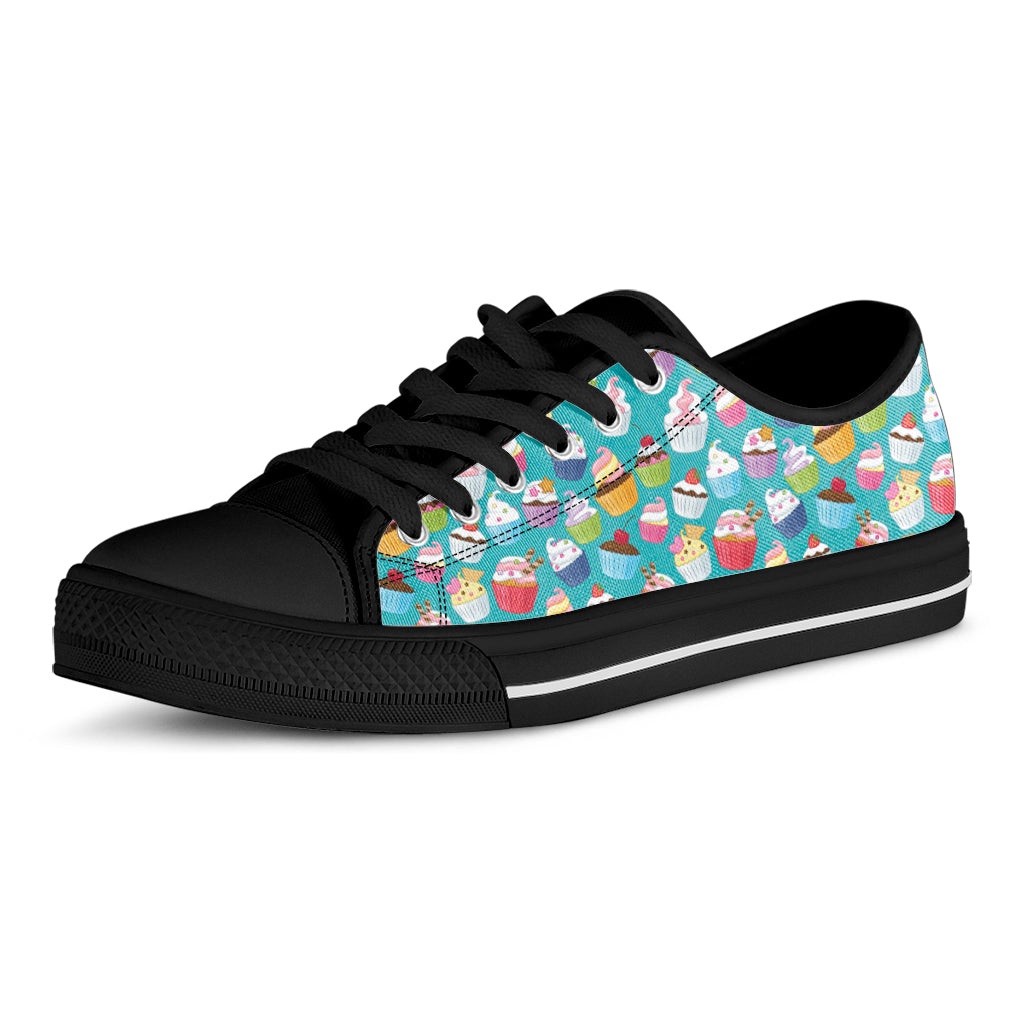 Cartoon Cupcake Pattern Print Black Low Top Shoes