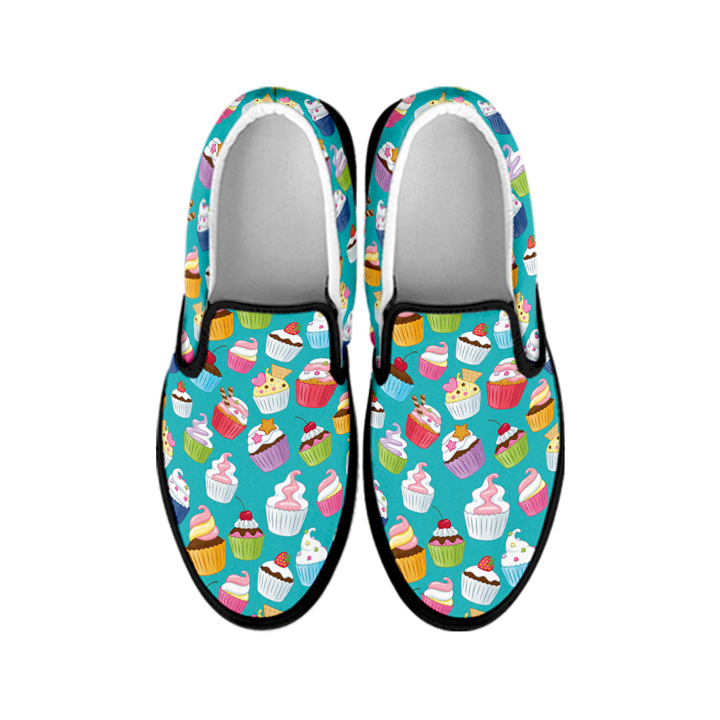 Cartoon Cupcake Pattern Print Black Slip On Shoes