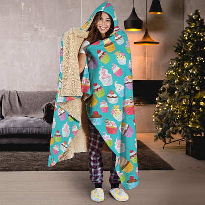 Cartoon Cupcake Pattern Print Hooded Blanket