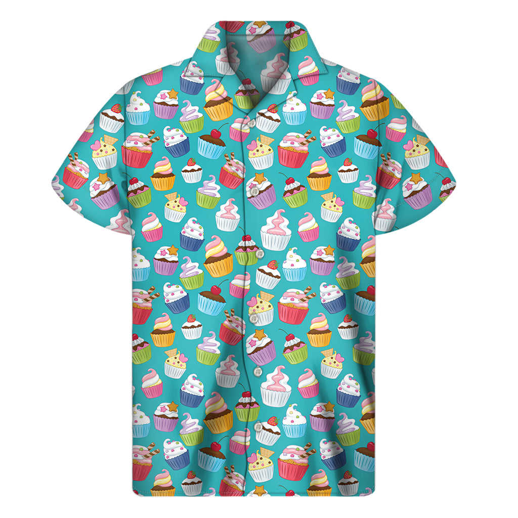 Cartoon Cupcake Pattern Print Men's Short Sleeve Shirt