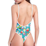 Cartoon Cupcake Pattern Print One Piece High Cut Swimsuit