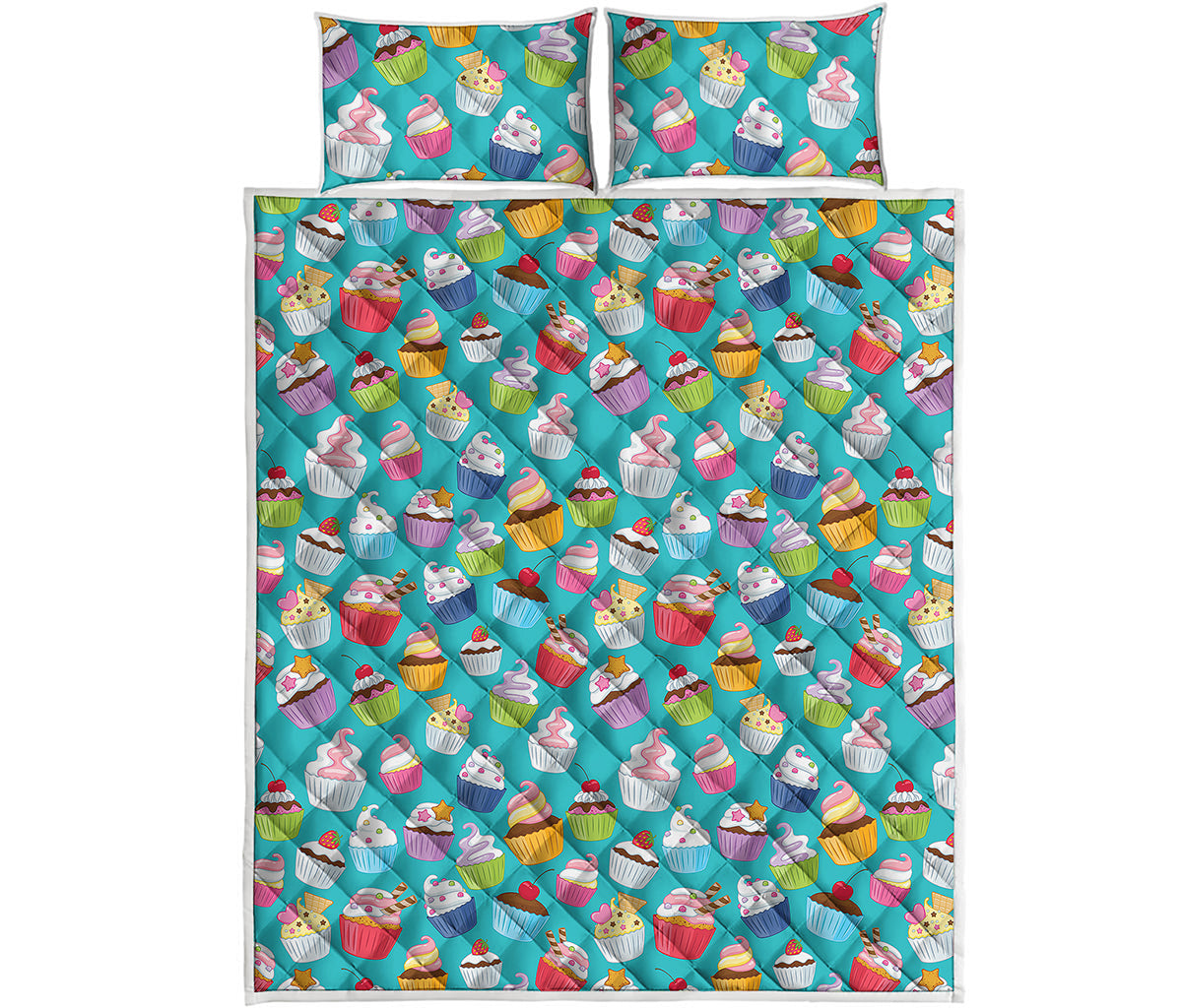 Cartoon Cupcake Pattern Print Quilt Bed Set