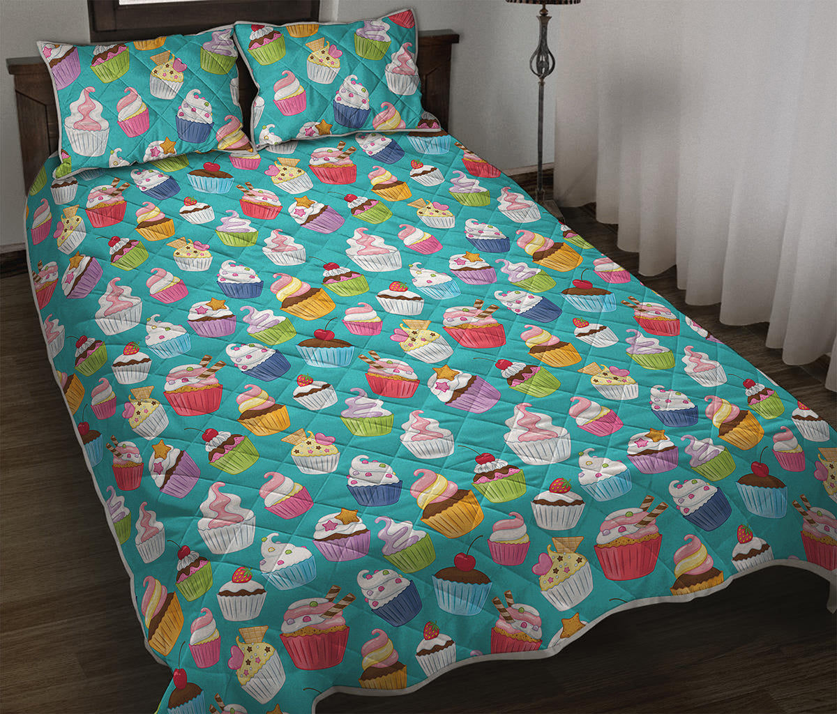 Cartoon Cupcake Pattern Print Quilt Bed Set