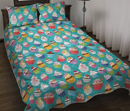 Cartoon Cupcake Pattern Print Quilt Bed Set