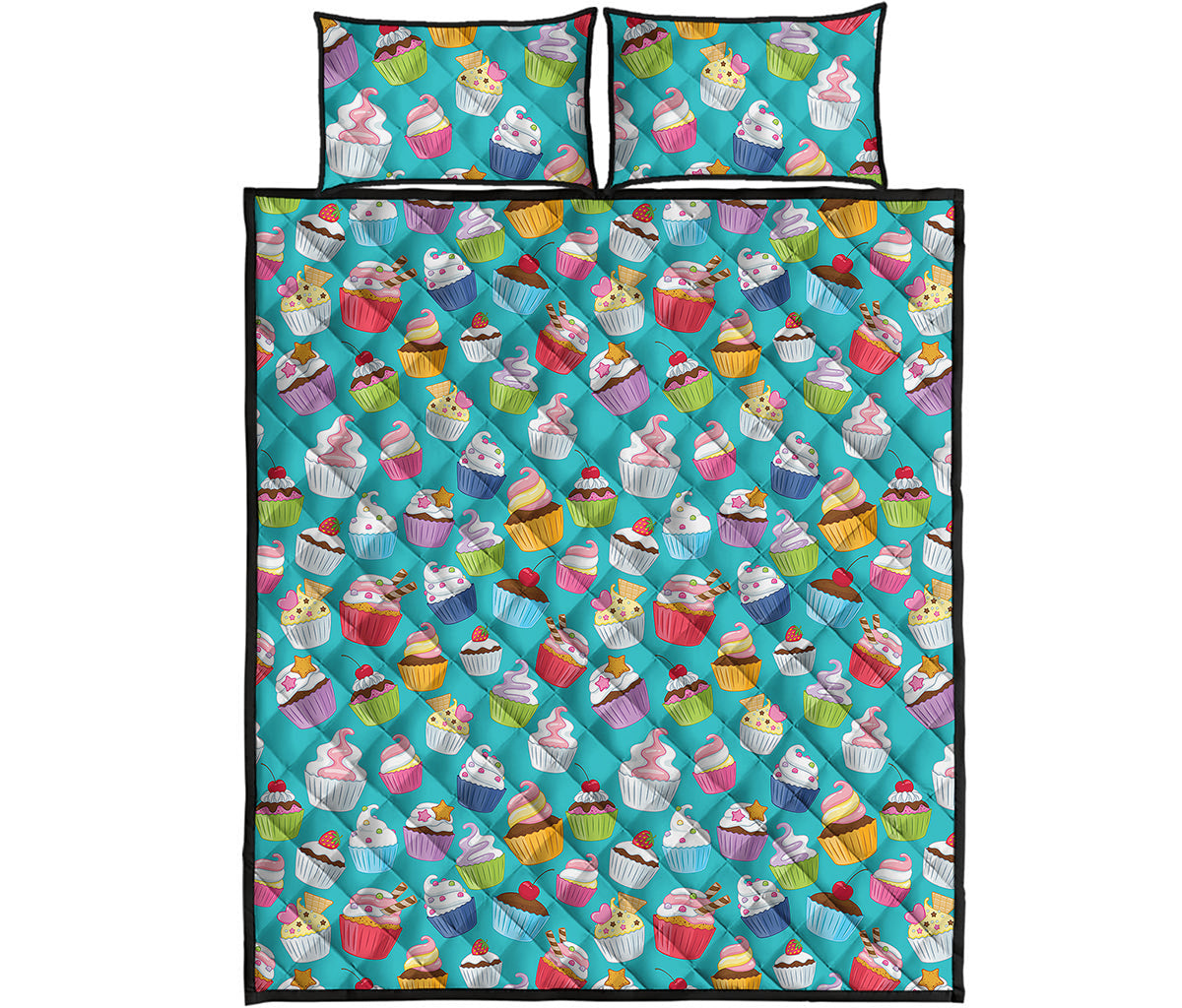 Cartoon Cupcake Pattern Print Quilt Bed Set