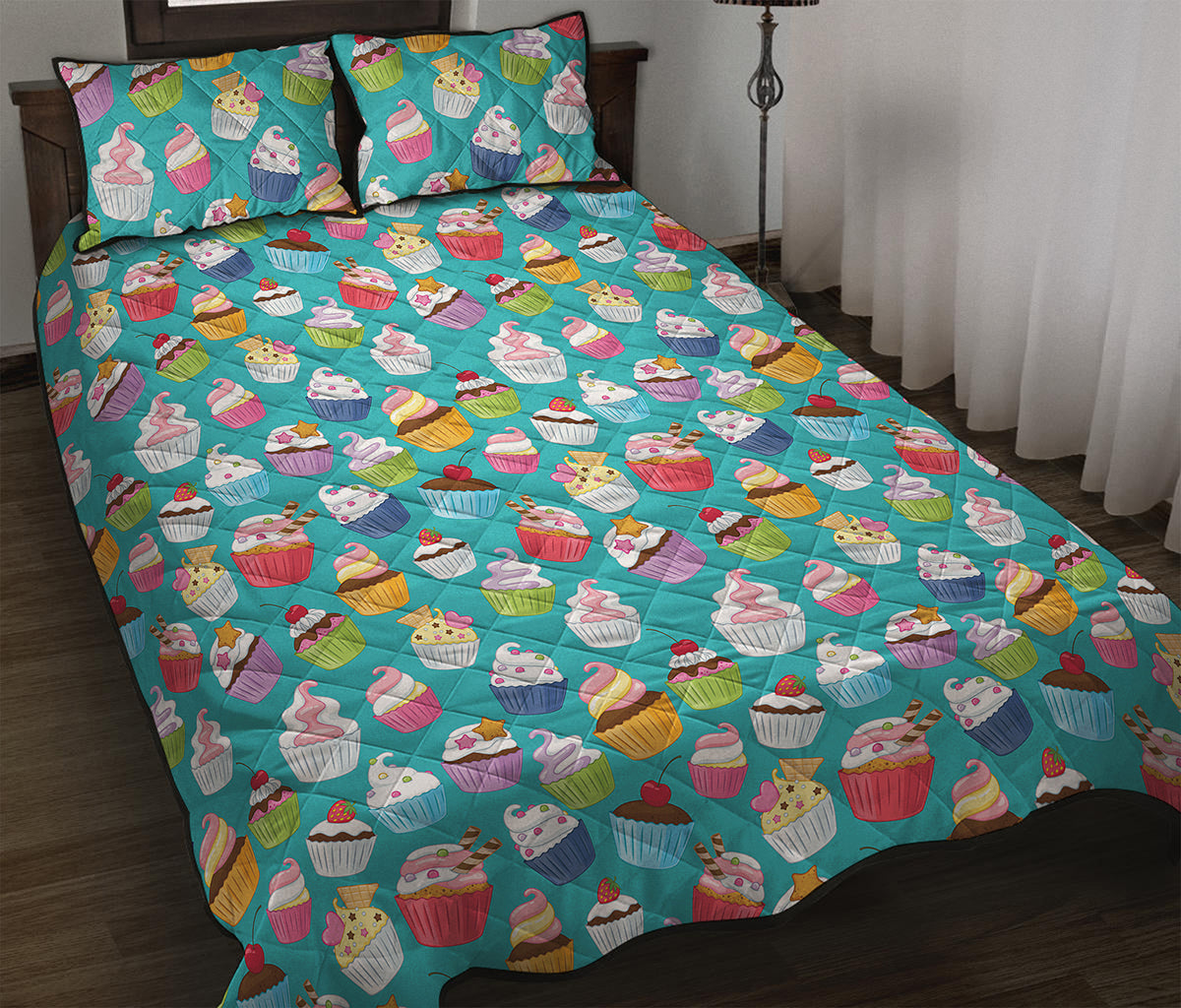 Cartoon Cupcake Pattern Print Quilt Bed Set