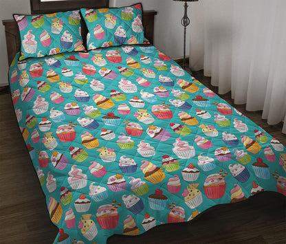 Cartoon Cupcake Pattern Print Quilt Bed Set