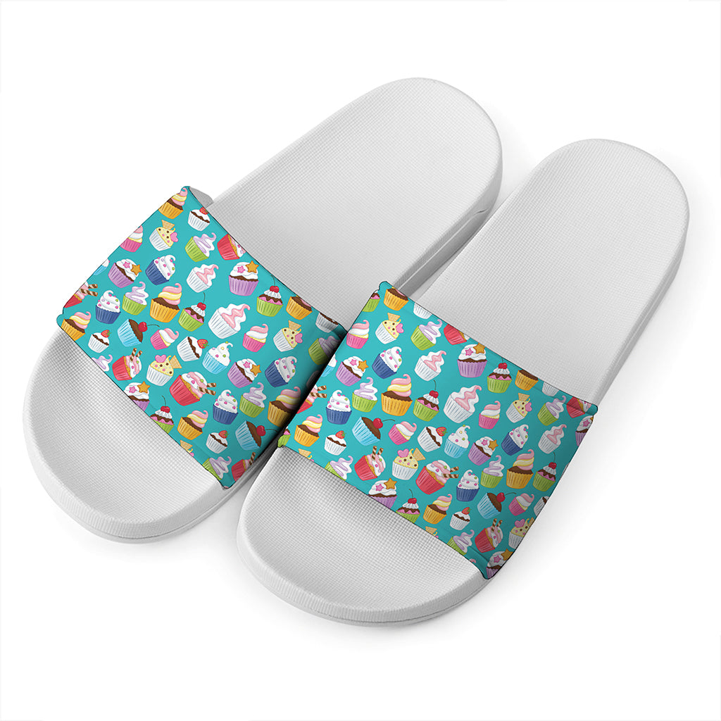 Cartoon Cupcake Pattern Print White Slide Sandals