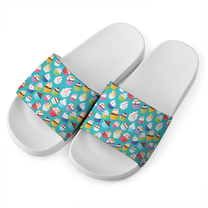 Cartoon Cupcake Pattern Print White Slide Sandals